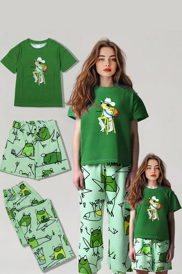 Pijamas familiares de manga corta con estampado de rana verde a juego